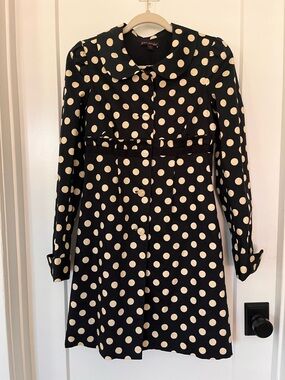 Betsey Johnson Vintage Black and Cream Polka Dot Long Sleeve Overcoat
